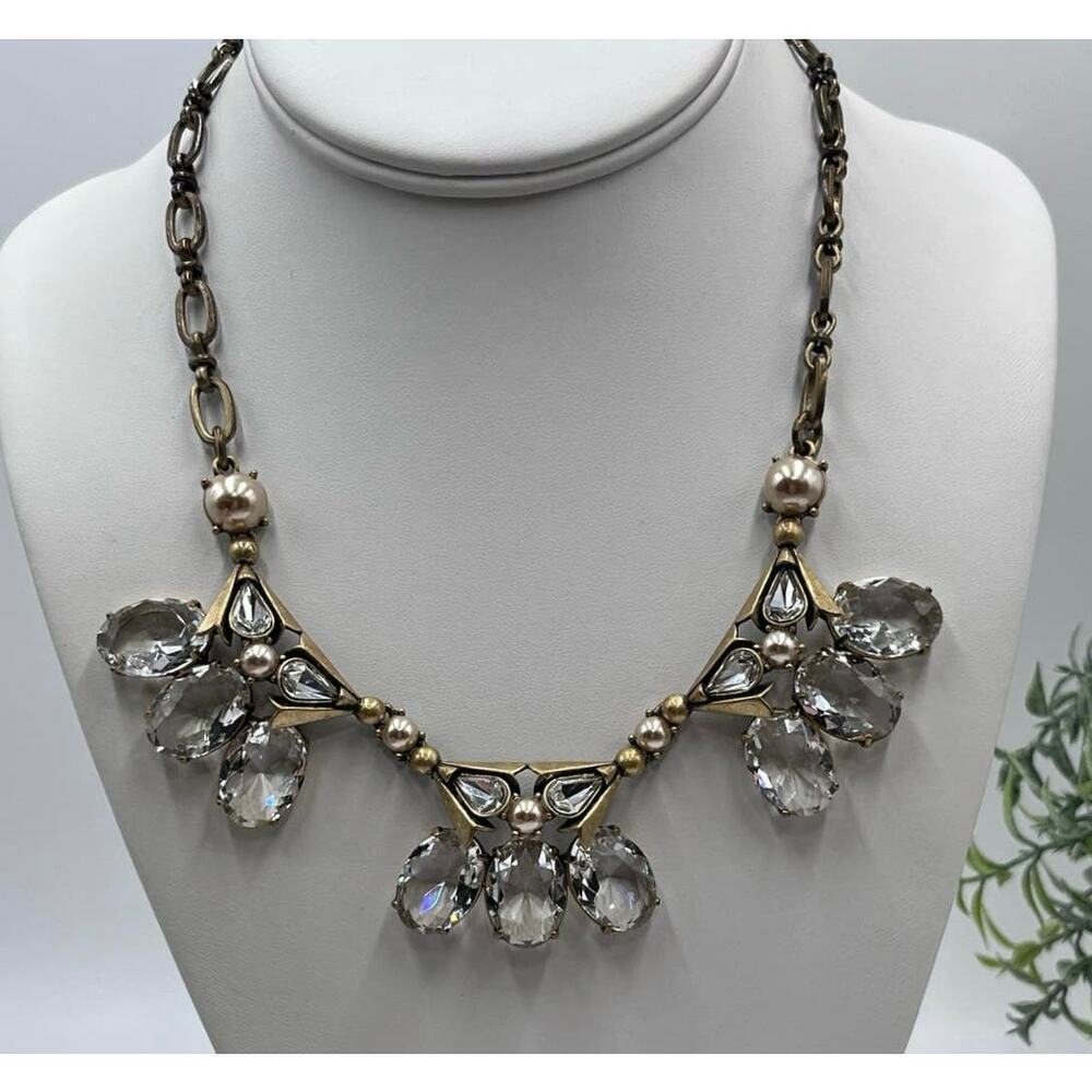 J. Crew‎ Gold Tone Large Faceted Clear Oval Rhinestone  Statement Necklace